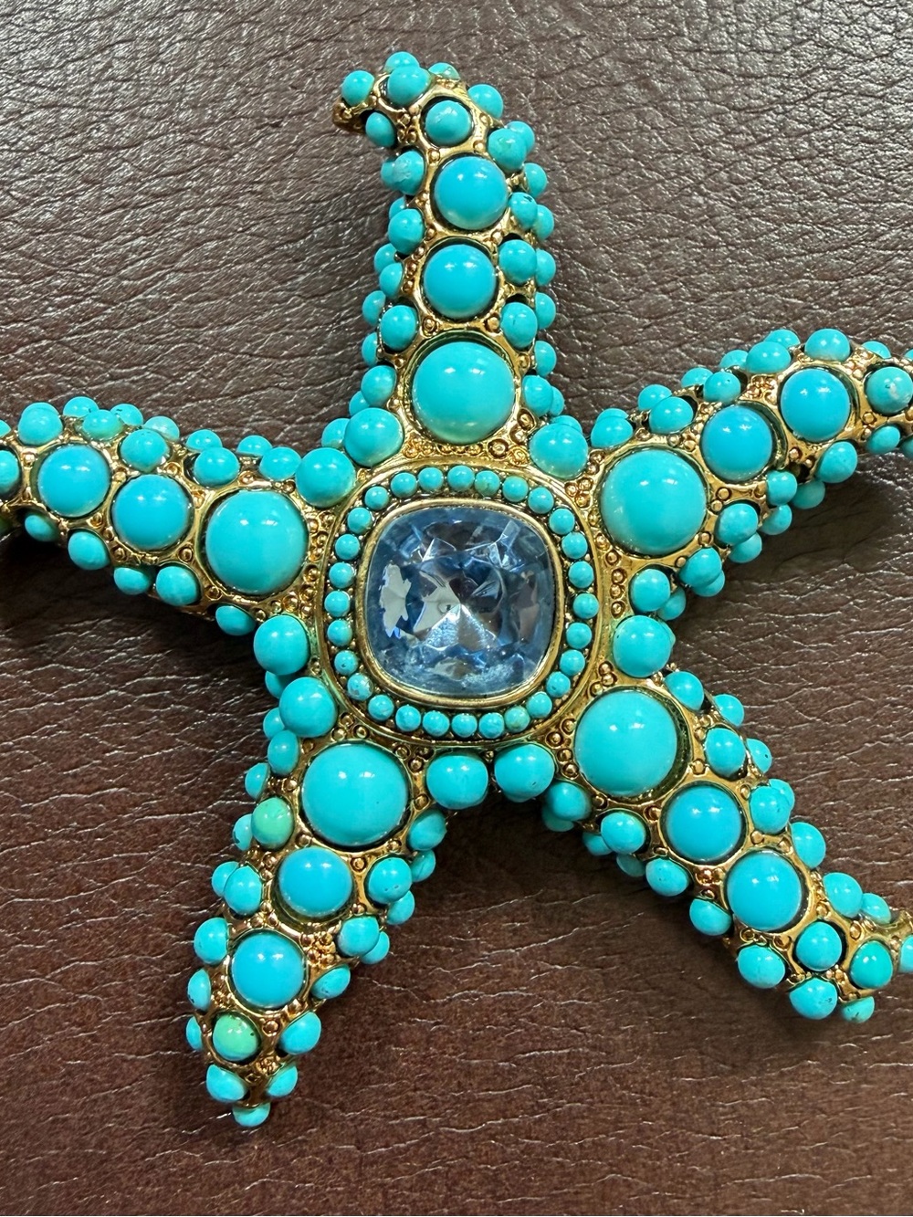 KJL Kenneth Jay Lane Blue Topaz & Antique Gold Turquoise Crystal Starfish Pin 3"